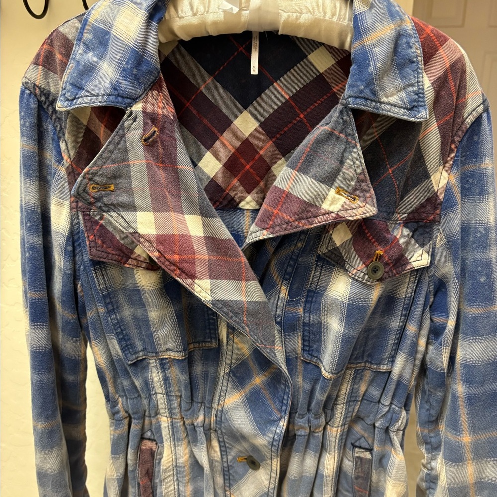 Free People Plaid Blue and Red Long Duster Trench Coat - Picture 4 of 7